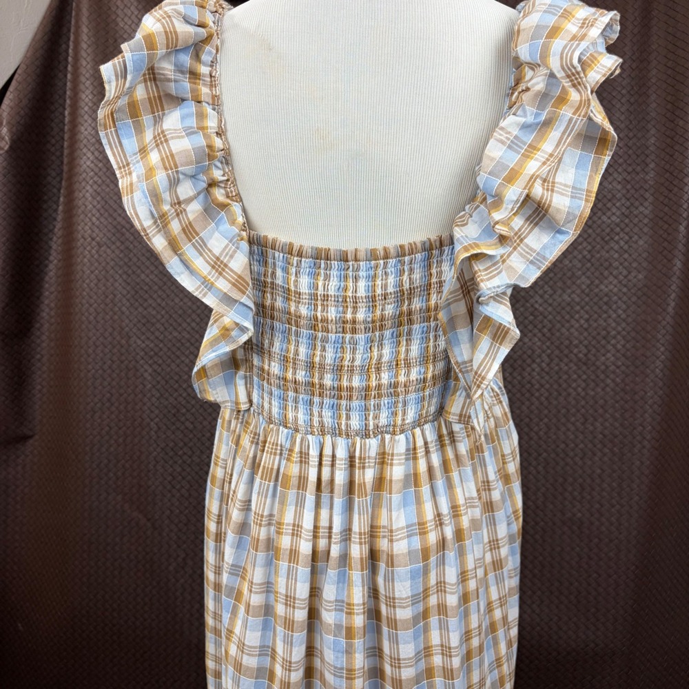 Madewell Plaid Ruffle Strap Smocked Midi Dress Blue Brown NF904 Size 10 - Picture 2 of 14